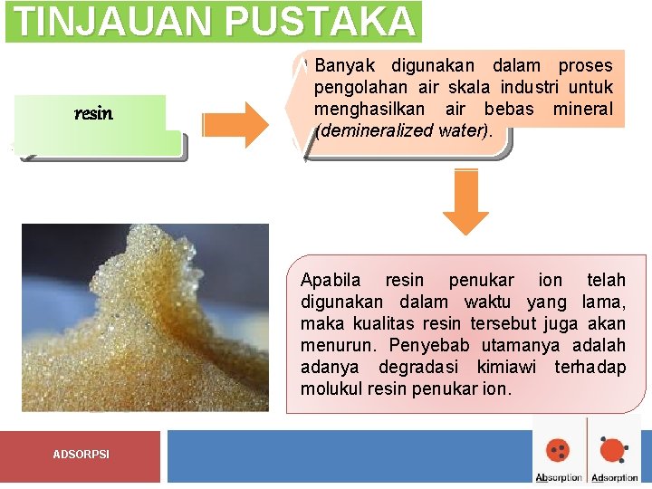 TINJAUAN PUSTAKA resin Banyak digunakan dalam proses pengolahan air skala industri untuk menghasilkan air