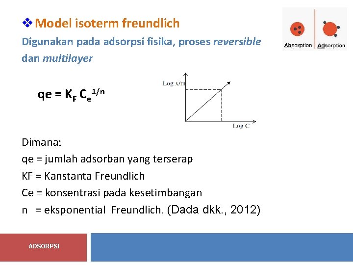 v Model isoterm freundlich Digunakan pada adsorpsi fisika, proses reversible dan multilayer qe =