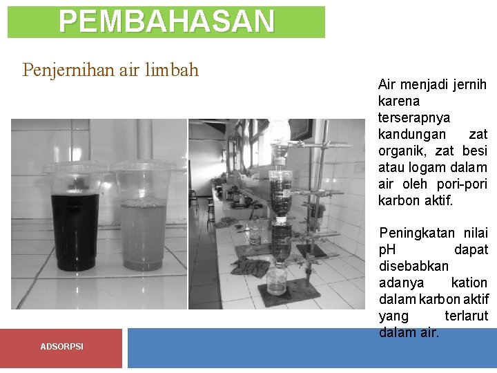 PEMBAHASAN Penjernihan air limbah Air menjadi jernih karena terserapnya kandungan zat organik, zat besi