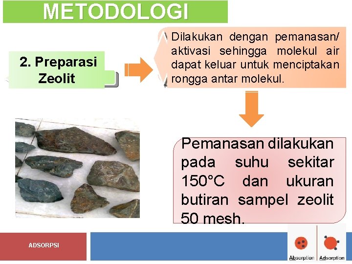 METODOLOGI 2. Preparasi Zeolit Dilakukan dengan pemanasan/ aktivasi sehingga molekul air dapat keluar untuk