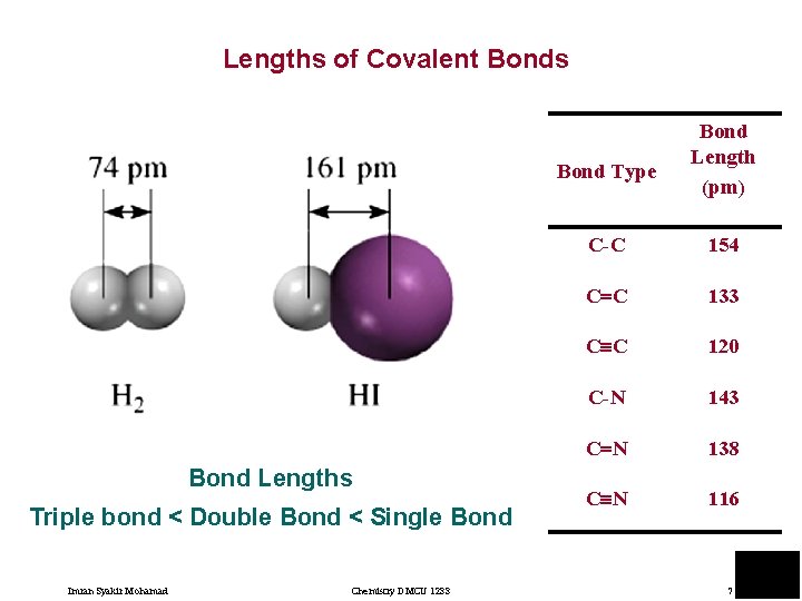 Lengths of Covalent Bonds Bond Type Bond Lengths Triple bond < Double Bond <