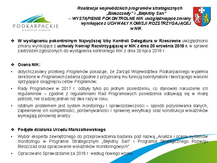 Realizacja wojewódzkich programów strategicznych „Bieszczady” i „Błękitny San” – WYSTĄPIENIE POKONTROLNE NIK uwzględniające zmiany