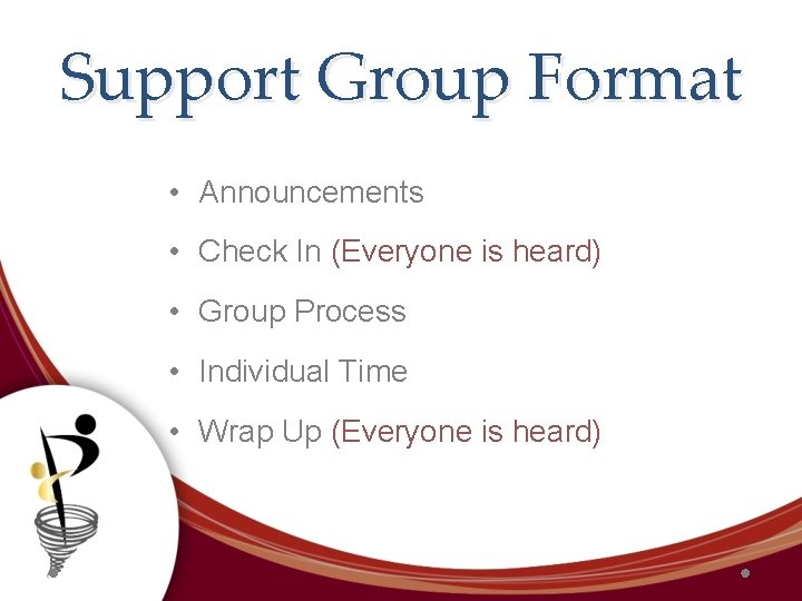 Support Group Format • Announcements • Check In (Everyone is heard) • Group Process