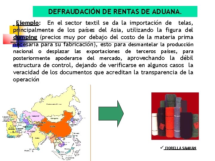 DEFRAUDACIÓN DE RENTAS DE ADUANA. Ejemplo: En el sector textil se da la importación