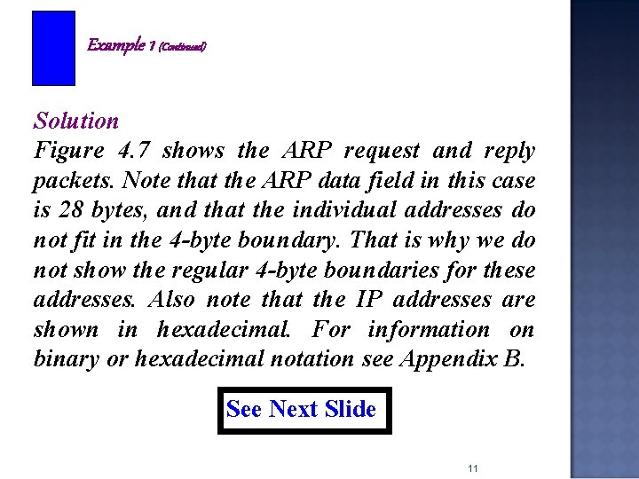 Example 1 (Continued) Solution Figure 4. 7 shows the ARP request and reply packets.
