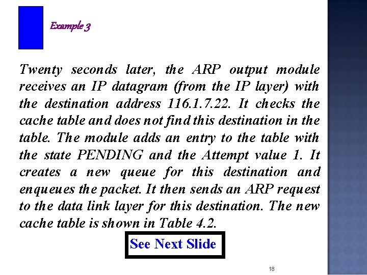 Example 3 Twenty seconds later, the ARP output module receives an IP datagram (from