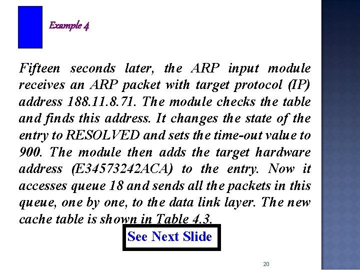 Example 4 Fifteen seconds later, the ARP input module receives an ARP packet with