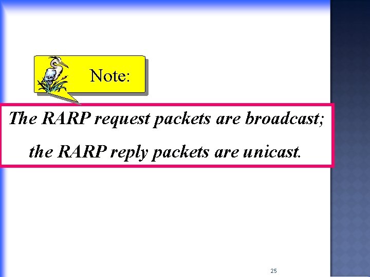 Note: The RARP request packets are broadcast; the RARP reply packets are unicast. 25
