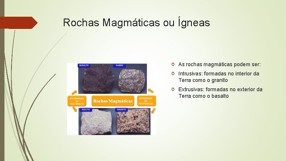 Rochas Magmáticas ou Ígneas As rochas magmáticas podem ser: Intrusivas: formadas no interior da