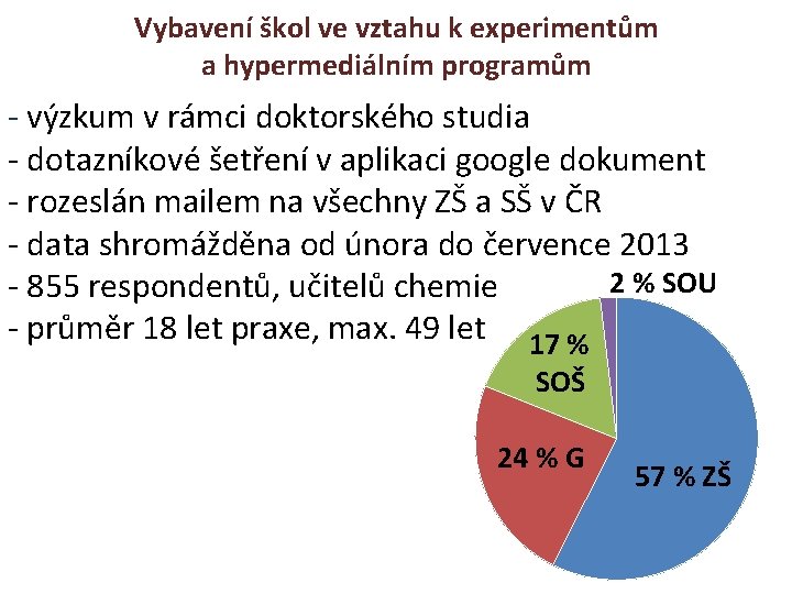 Vybavení škol ve vztahu k experimentům a hypermediálním programům - výzkum v rámci doktorského