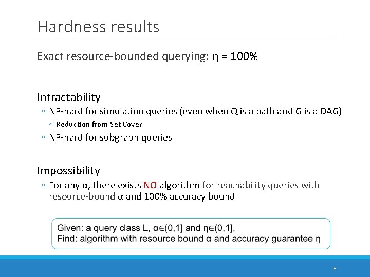 Hardness results Exact resource-bounded querying: η = 100% Intractability ◦ NP-hard for simulation queries