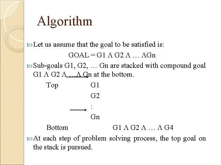 Algorithm Let us assume that the goal to be satisfied is: GOAL = G
