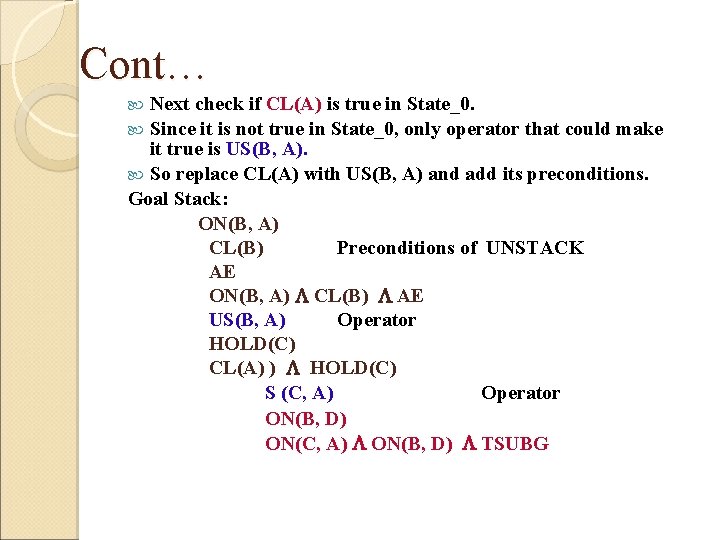 Cont… Next check if CL(A) is true in State_0. Since it is not true