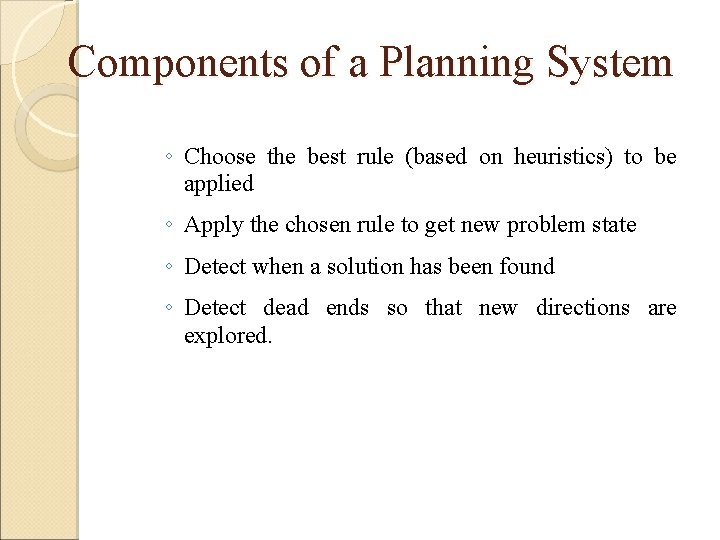 Components of a Planning System ◦ Choose the best rule (based on heuristics) to