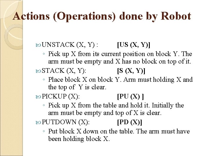 Actions (Operations) done by Robot UNSTACK (X, Y) : [US (X, Y)] ◦ Pick