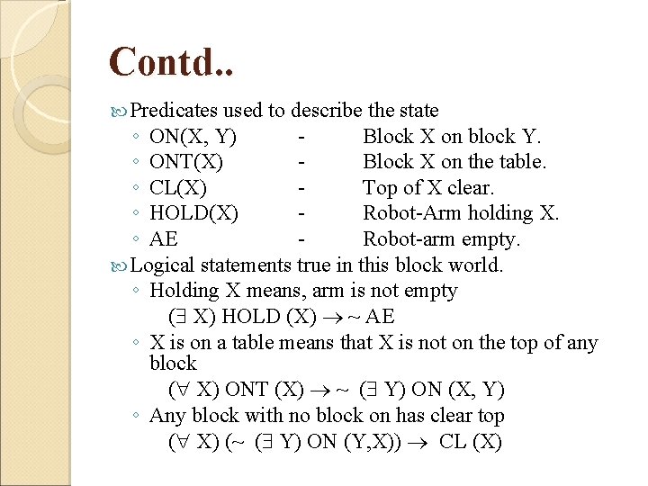 Contd. . Predicates used to describe the state ◦ ON(X, Y) Block X on