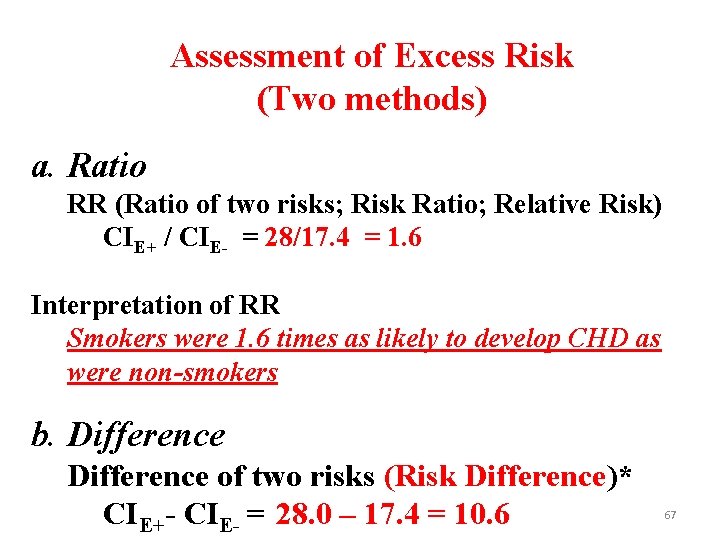 Assessment of Excess Risk (Two methods) a. Ratio RR (Ratio of two risks; Risk