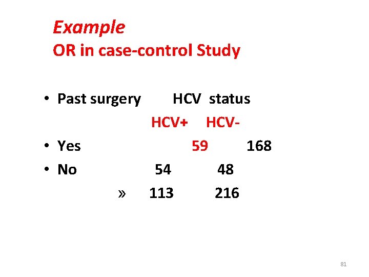 Example OR in case-control Study • Past surgery • Yes • No » HCV