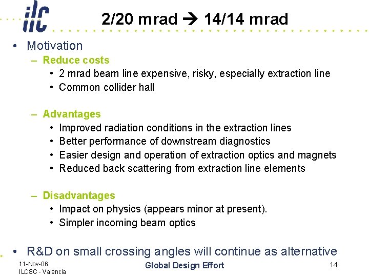 2/20 mrad 14/14 mrad • Motivation – Reduce costs • 2 mrad beam line