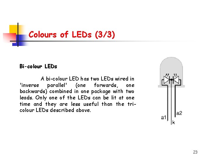 Colours of LEDs (3/3) Bi-colour LEDs A bi-colour LED has two LEDs wired in