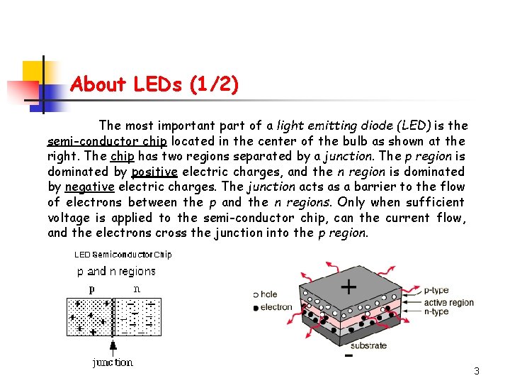 About LEDs (1/2) The most important part of a light emitting diode (LED) is