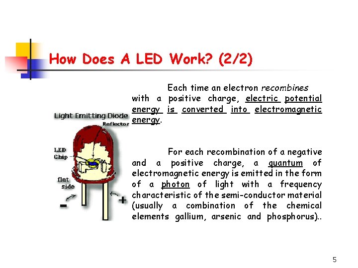 How Does A LED Work? (2/2) Each time an electron recombines with a positive