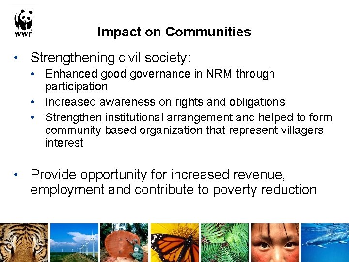 Impact on Communities • Strengthening civil society: • Enhanced good governance in NRM through