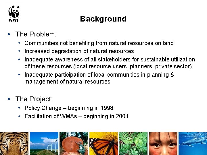 Background • The Problem: • Communities not benefiting from natural resources on land •