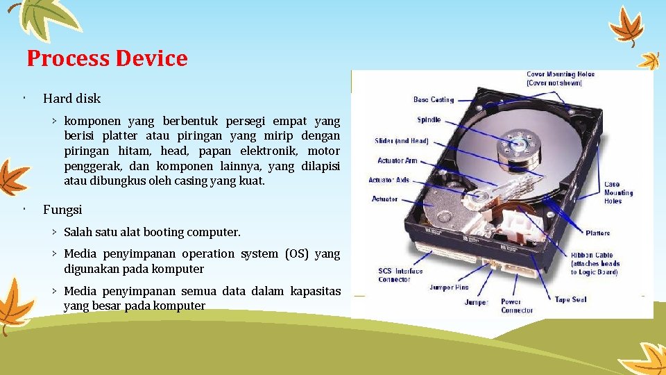 Process Device Hard disk › komponen yang berbentuk persegi empat yang berisi platter atau