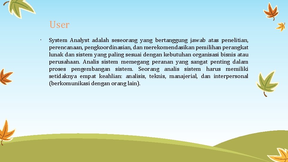 User System Analyst adalah seseorang yang bertanggung jawab atas penelitian, perencanaan, pengkoordinasian, dan merekomendasikan