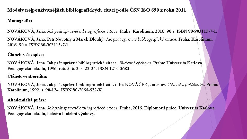 Modely nejpoužívanějších bibliografických citací podle ČSN ISO 690 z roku 2011 Monografie: NOVÁKOVÁ, Jana.