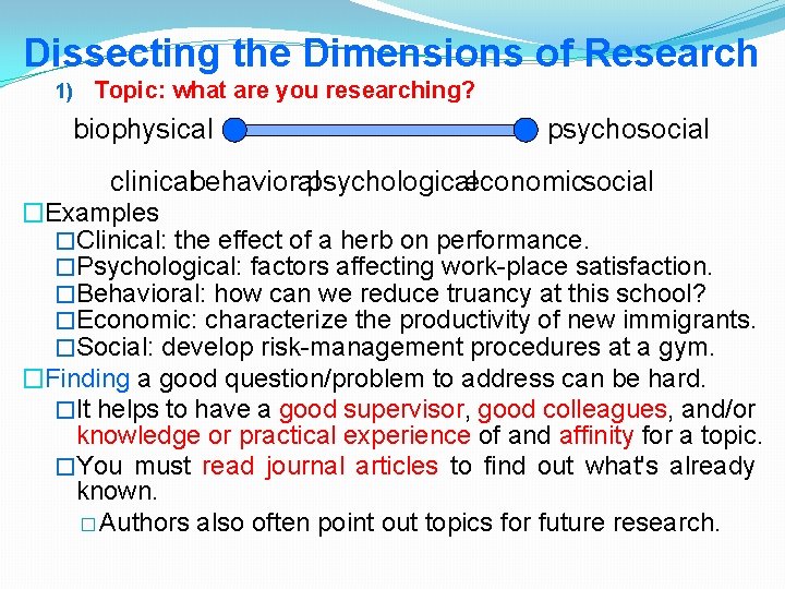 Dissecting the Dimensions of Research 1) Topic: what are you researching? biophysical psychosocial clinicalbehavioralpsychologicaleconomicsocial