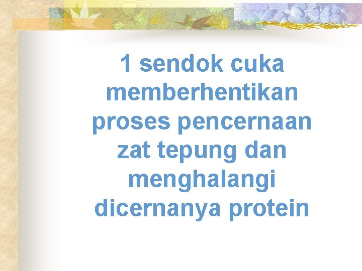 1 sendok cuka memberhentikan proses pencernaan zat tepung dan menghalangi dicernanya protein 