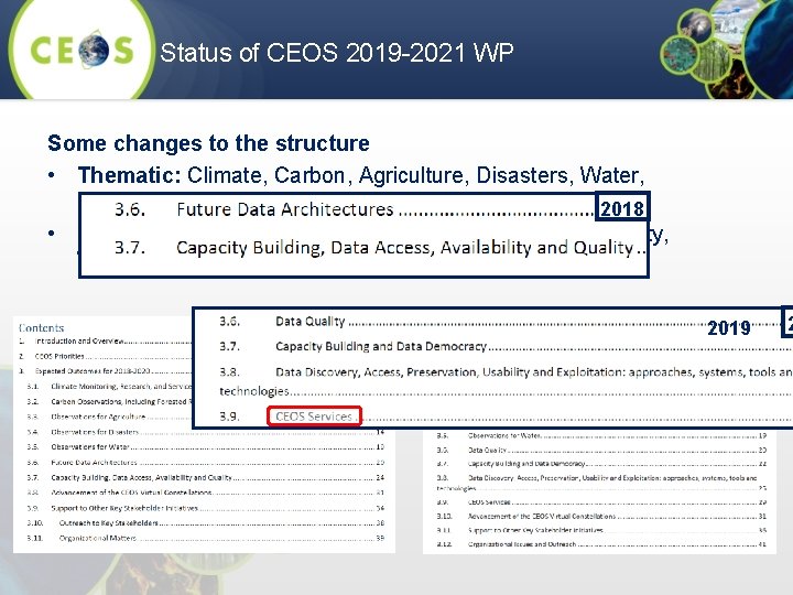Status of CEOS 2019 -2021 WP Some changes to the structure • Thematic: Climate,