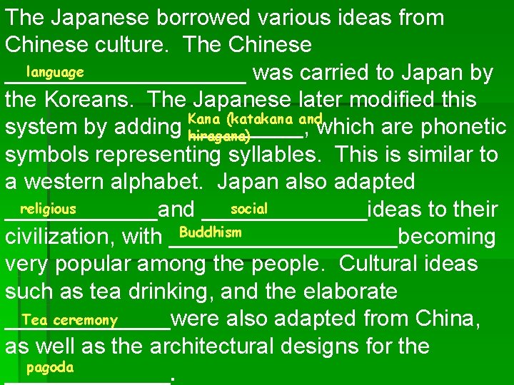 The Japanese borrowed various ideas from Chinese culture. The Chinese language __________ was carried