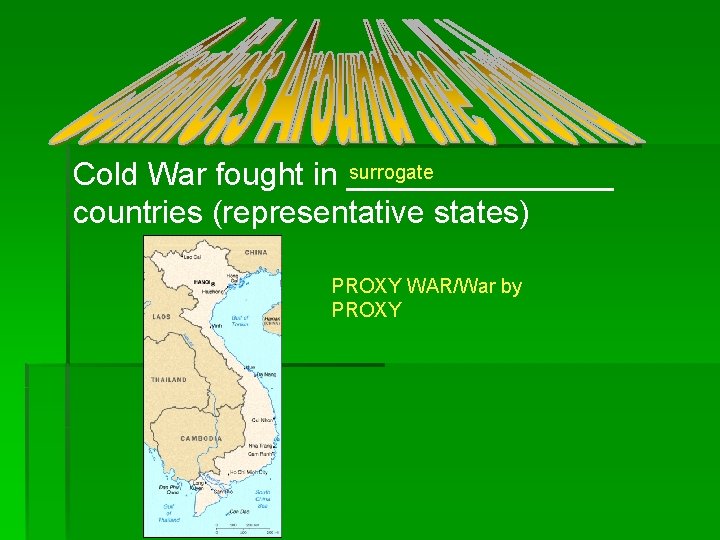 surrogate Cold War fought in ________ countries (representative states) PROXY WAR/War by PROXY 