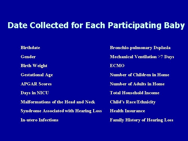 Date Collected for Each Participating Baby Birthdate Bronchio-pulmonary Dsplasia Gender Mechanical Ventilation >7 Days