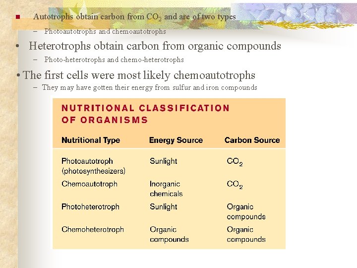 n Autotrophs obtain carbon from CO 2 and are of two types – Photoautotrophs