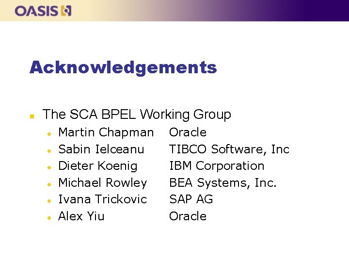 Acknowledgements n The SCA BPEL Working Group l l l Martin Chapman Sabin Ielceanu