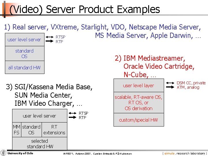 (Video) Server Product Examples 1) Real server, VXtreme, Starlight, VDO, Netscape Media Server, MS