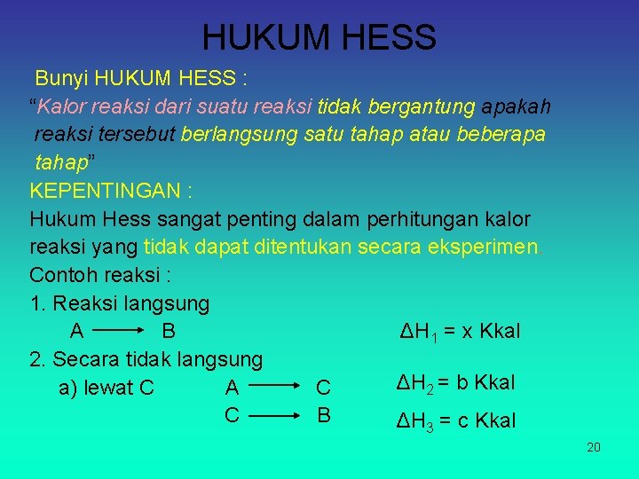 HUKUM HESS Bunyi HUKUM HESS : “Kalor reaksi dari suatu reaksi tidak bergantung apakah