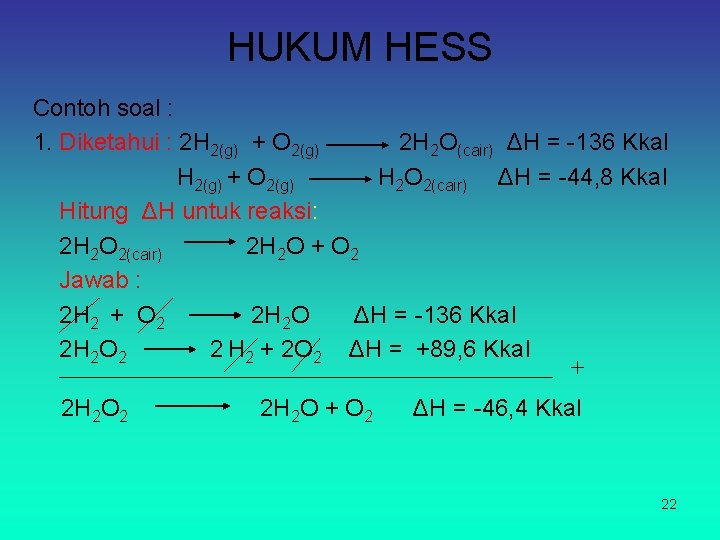 HUKUM HESS Contoh soal : 1. Diketahui : 2 H 2(g) + O 2(g)