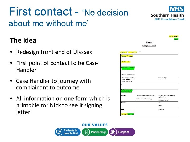 First contact - ‘No decision about me without me’ The idea • Redesign front