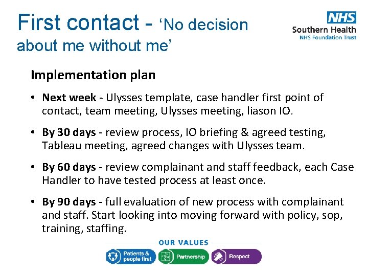 First contact - ‘No decision about me without me’ Implementation plan • Next week