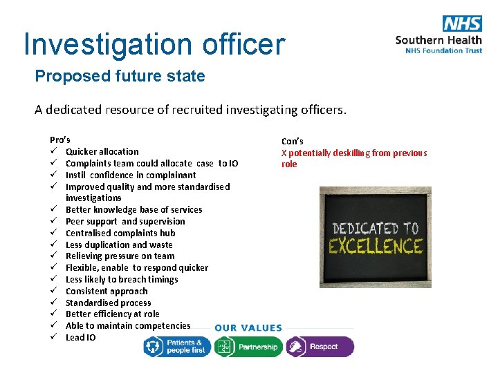 Investigation officer Proposed future state A dedicated resource of recruited investigating officers. Pro’s ü