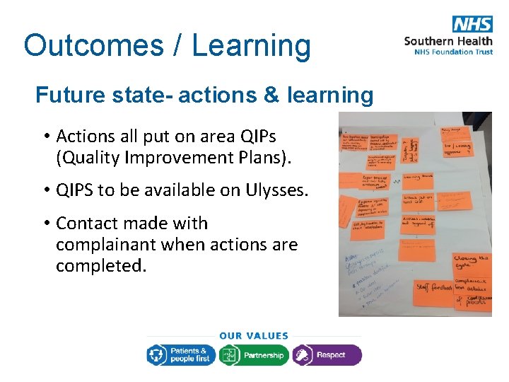 Outcomes / Learning Future state- actions & learning • Actions all put on area