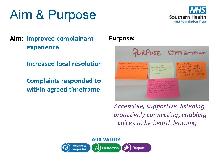 Aim & Purpose Aim: Improved complainant experience Purpose: Increased local resolution Complaints responded to