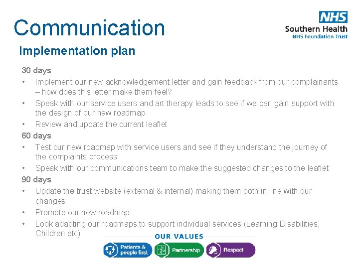 Communication Implementation plan 30 days • Implement our new acknowledgement letter and gain feedback