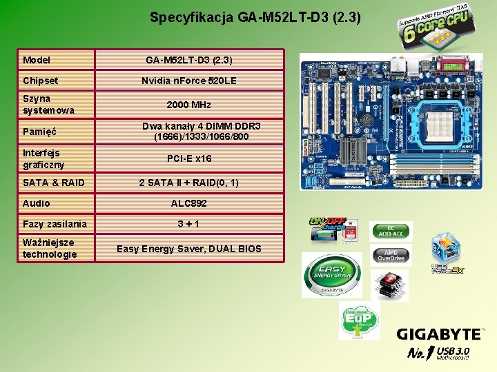 Specyfikacja GA-M 52 LT-D 3 (2. 3) Model Chipset Szyna systemowa Pamięć Interfejs graficzny