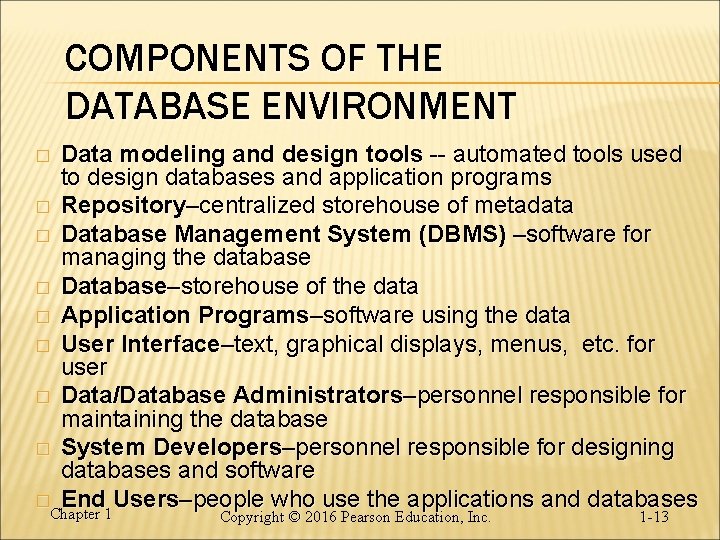 COMPONENTS OF THE DATABASE ENVIRONMENT Data modeling and design tools -- automated tools used COMPONENTS OF THE DATABASE ENVIRONMENT Data modeling and design tools -- automated tools used